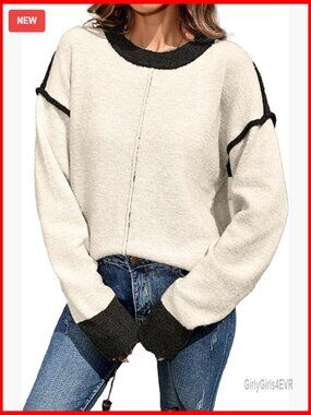 Oversized Color Block Crew Neck Pullover Sweater Winter Long Sleeve Ribbed Knit